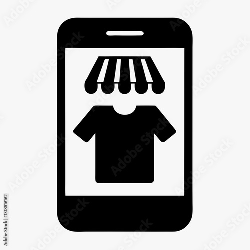 Online clothing store icon on mobile screen in flat vector style symbolizes e-commerce fashion app. Concept: fashion tech startup, mobile shopping UI, online boutique visuals.