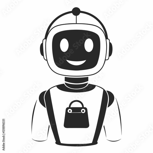 Friendly robot with shopping bag on chest. Simple black and white line drawing with square head and rounded features creates approachable character. Concept automated shopping, retail technology, AI 