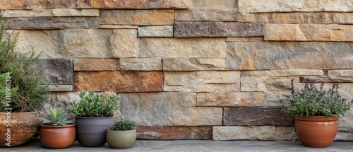 Weathered stone wall backdrop with potted plants 