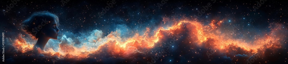 Fototapeta premium A cosmic image with a woman's profile surrounded by fire and starry energy. Generative AI