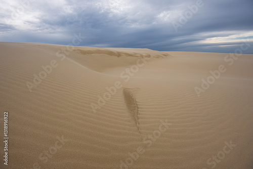 Fototapeta Naklejka Na Ścianę i Meble -  Ripple sand dune pattern with cloudy sky.