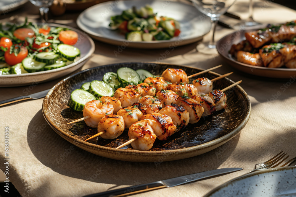 Grilled shrimp skewers and salad