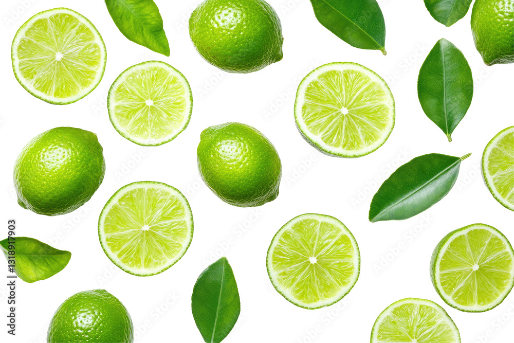 Fresh lime slices and leaves, overhead view, transparent background Fresh lime slices and leaves, overhead view, transparent background
