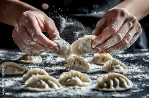 Crafting Dumplings: A culinary artisan expertly shapes and folds delicate dumplings dusted with flour, showcasing the artistry of traditional food preparation photo