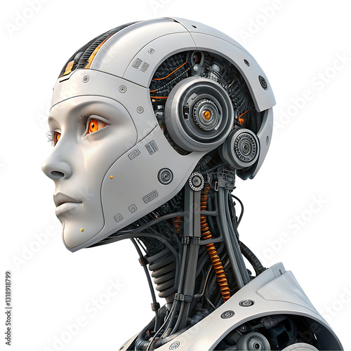 Female Robot Head AI Futuristic Design, Android Girl Orange Eyes Artificial Intelligence, Cyborg Woman Tech Advanced Robotics, Humanoid Robot Female Face Tech Concept, AI Robot Head Futuristic Technol photo