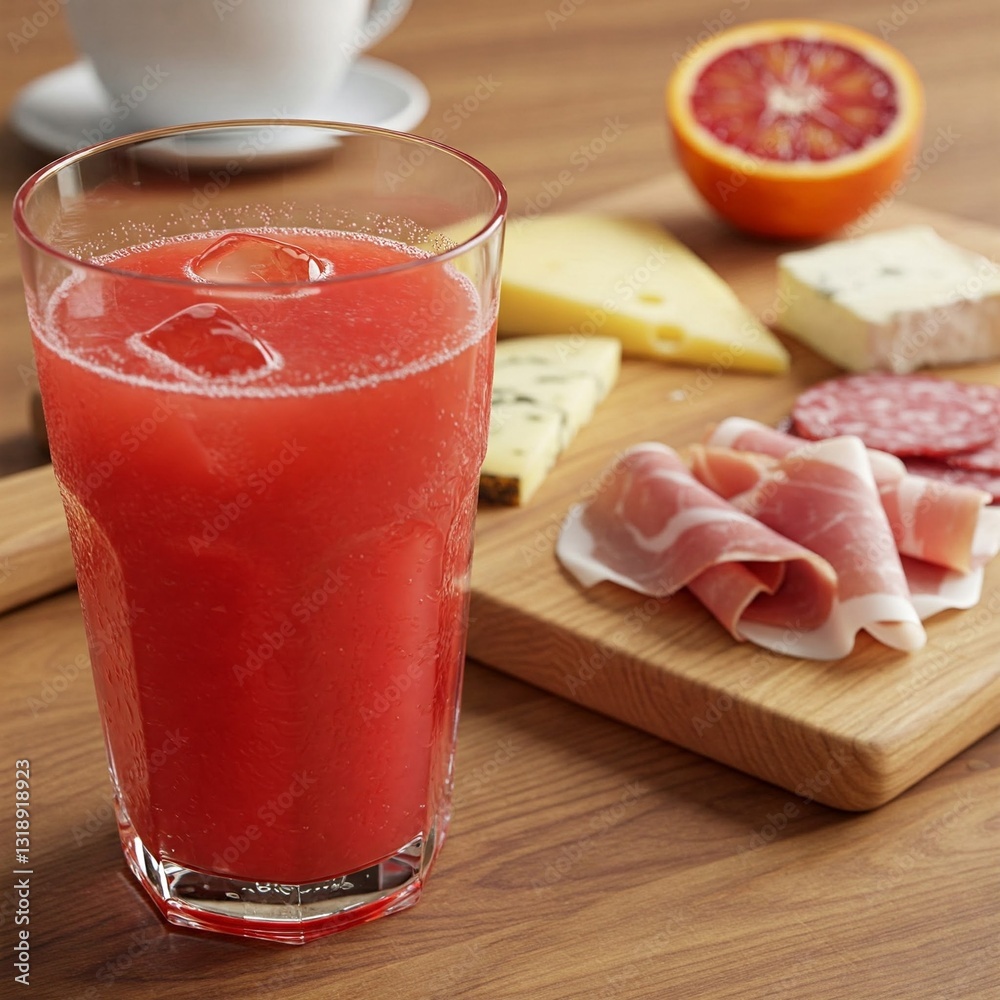 A glass of freshly squeezed blood orange juice with a breakfast charcuterie board of artisanal cheeses and cold cuts. A glass of freshly squeezed blood orange juice with a breakfast charcuterie board of artisanal cheeses and cold cuts.