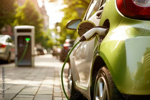 Wallpaper Mural Electric Car Charging: An electric car is plugged into a charging station on a city street, showcasing the transition to sustainable transportation and a commitment to reducing carbon footprint. Torontodigital.ca