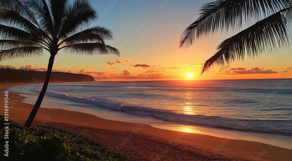 Fototapeta premium Sunset Beach: Capture the breathtaking beauty of a tropical paradise as the sun dips below the horizon, painting the sky in hues of gold and orange, palm trees swaying in the gentle breeze.