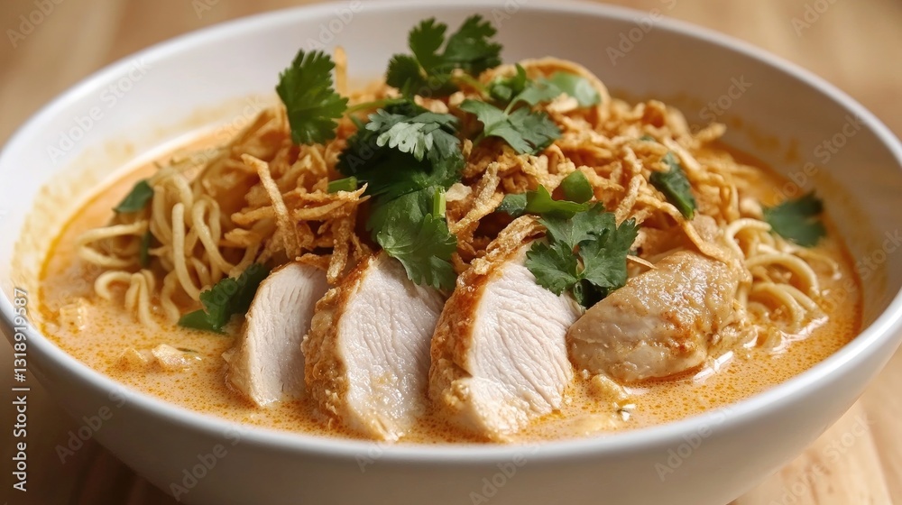 Delicious bowl of creamy chicken ramen topped with crispy onions and fresh cilantro on a wooden table Delicious bowl of creamy chicken ramen topped with crispy onions and fresh cilantro on a wooden table