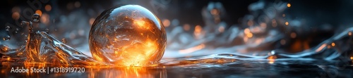 Fiery sphere surrounded by water splashes in dark surreal environment. Generative AI photo