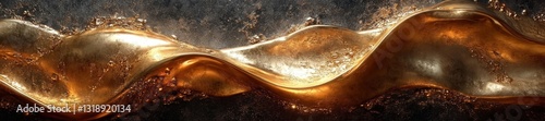 Golden Liquid Waves with Reflections and Droplets Creating Artistic Movement. Generative AI photo