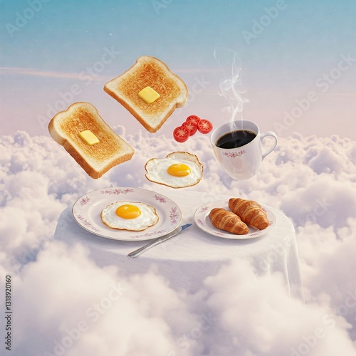A breakfast spread set on a floating cloud, with gravity-defying toast, eggs, and coffee hovering in a fantasy-inspired composition.