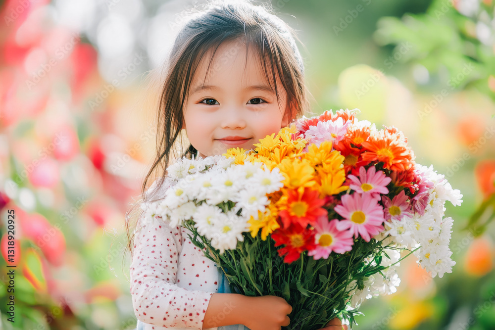 Portrait of a beautiful smiling Chinese girl kid with a bouquet of spring flowers Portrait of a beautiful smiling Chinese girl kid with a bouquet of spring flowers