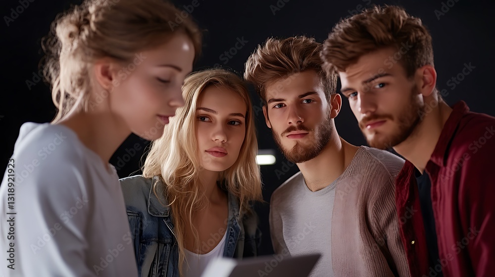 Fototapeta premium Group of Young Adults Engaged in Tech Discussion with Focused Expressions in a Dimly Lit Studio Setting