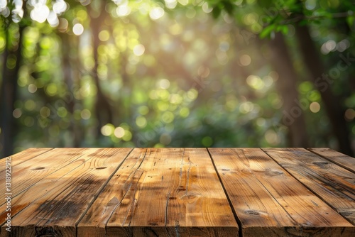 Abstract Empty Wooden Desk Table Copy Space for Product Disply with Restsurant Background photo