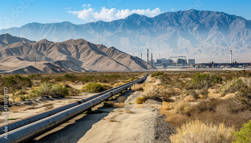 Long pipe is in the desert next to a mountain range. The scene is desolate and barren, with no signs of life