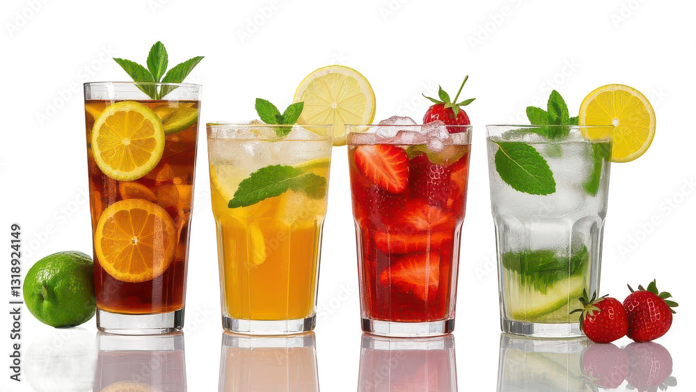 A Refreshing Quartet Of Iced Summer Drinks Vibrant Citrus, Strawberry, And Mint, Perfectly Chilled In Tall Glasses Against A Bright Isolated on Transparent Background A Refreshing Quartet Of Iced Summer Drinks Vibrant Citrus, Strawberry, And Mint, Perfectly Chilled In Tall Glasses Against A Bright Isolated on Transparent Background