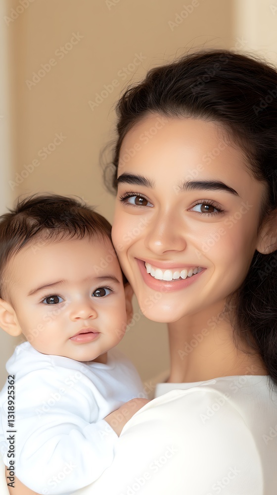 Joyful woman holds smiling baby in a warm and loving embrace showcasing happiness and connection in a bright space Joyful woman holds smiling baby in a warm and loving embrace showcasing happiness and connection in a bright space