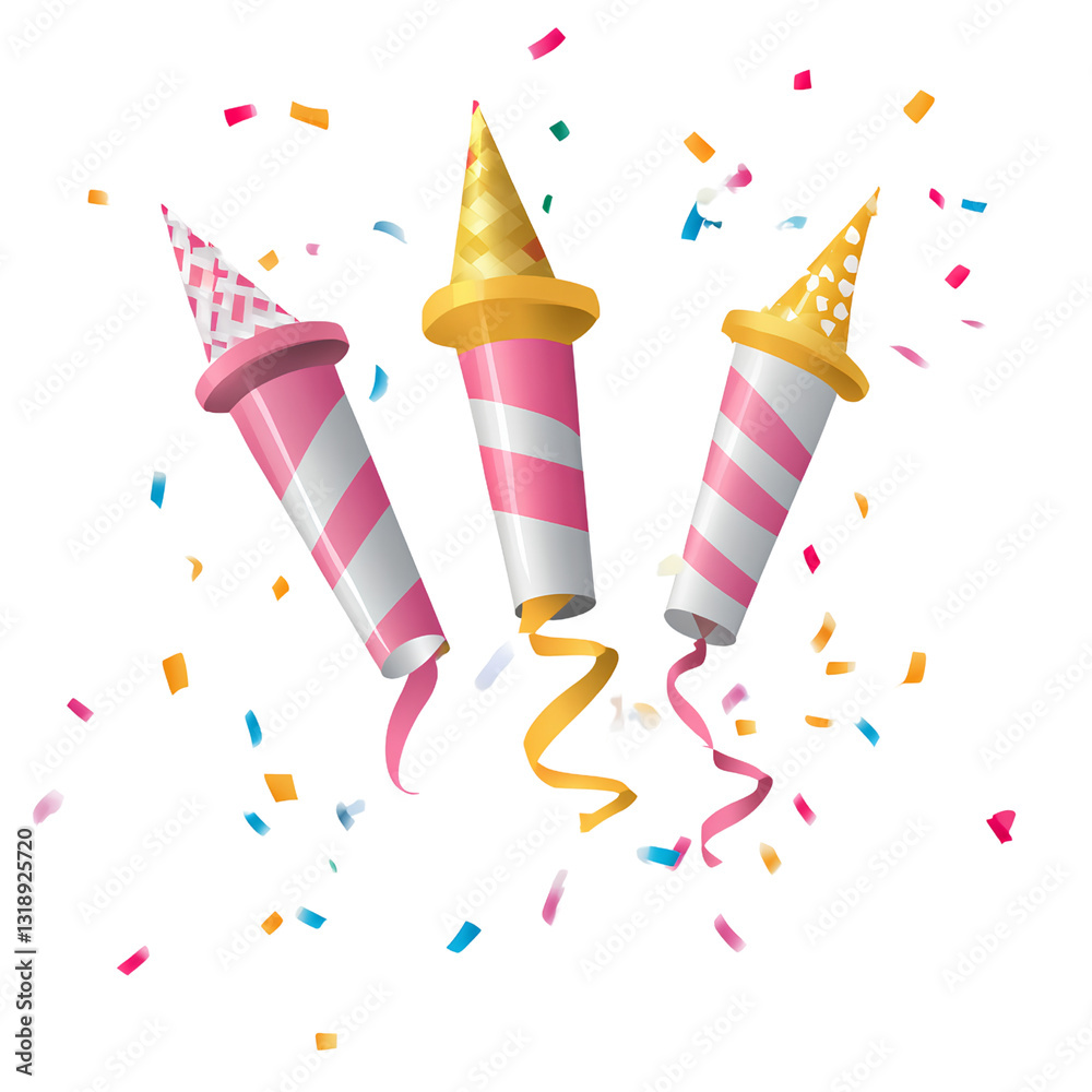 Three party horns, carnival elements, confetti and streamers, a colorful illustration on a transparent background (3) Three party horns, carnival elements, confetti and streamers, a colorful illustration on a transparent background (3)