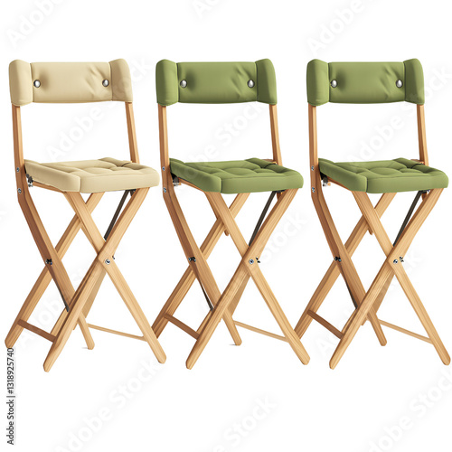 Three different styles of folding stools with cushions, in green and beige colors, on a white background