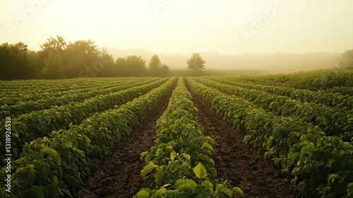 Sunrise bathes rows of crops in a tranquil agricultural landscape