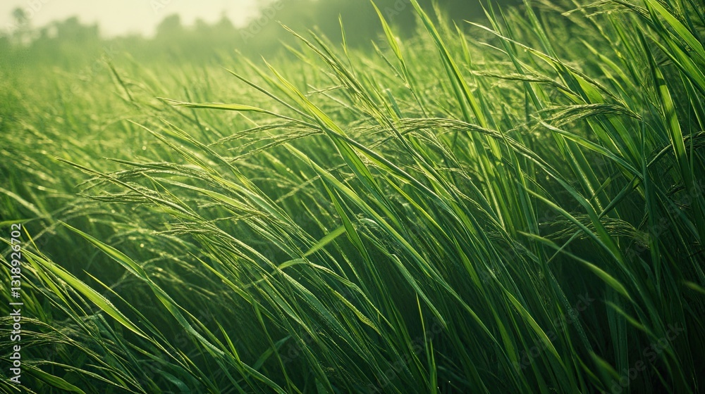 Sunlit rice paddies create a vibrant emerald tapestry in the morning glow Sunlit rice paddies create a vibrant emerald tapestry in the morning glow