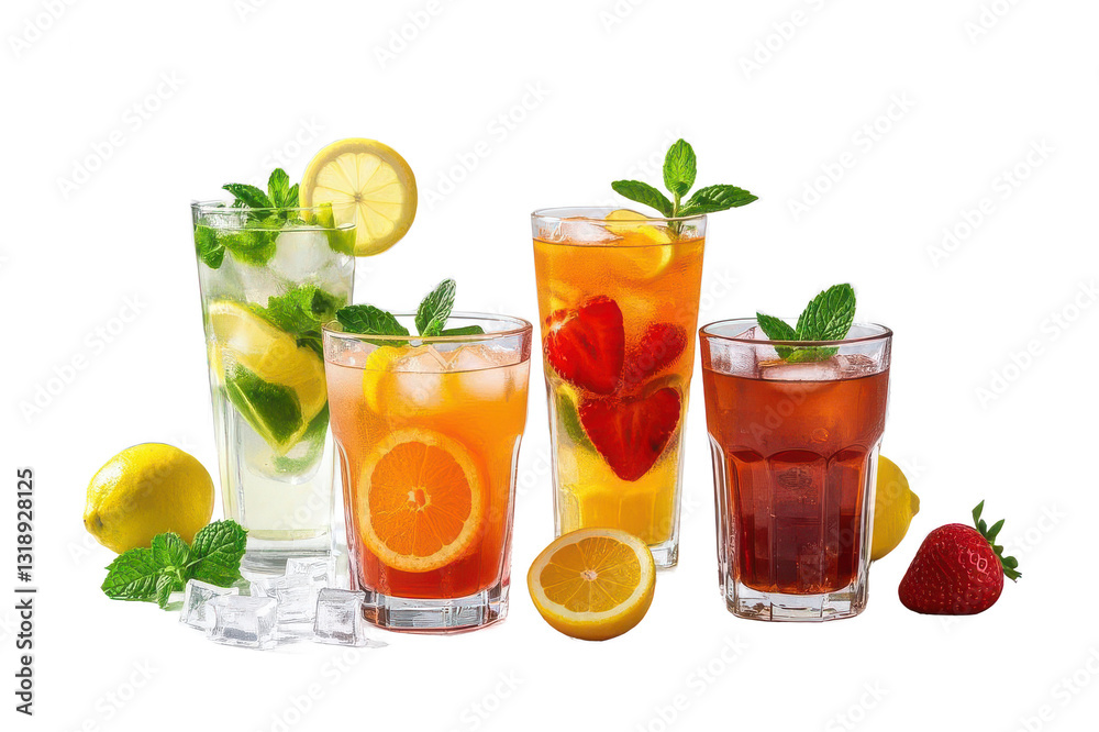 Fototapeta premium Refreshing Summer Fruit Iced Teas, A Vibrant Mix Of Lemon, Strawberry, And Orange, Perfectly Chilled And Garnished With Fresh Mint, Creating A Delightful Summer Beverage Isolated on Transparent Backgr