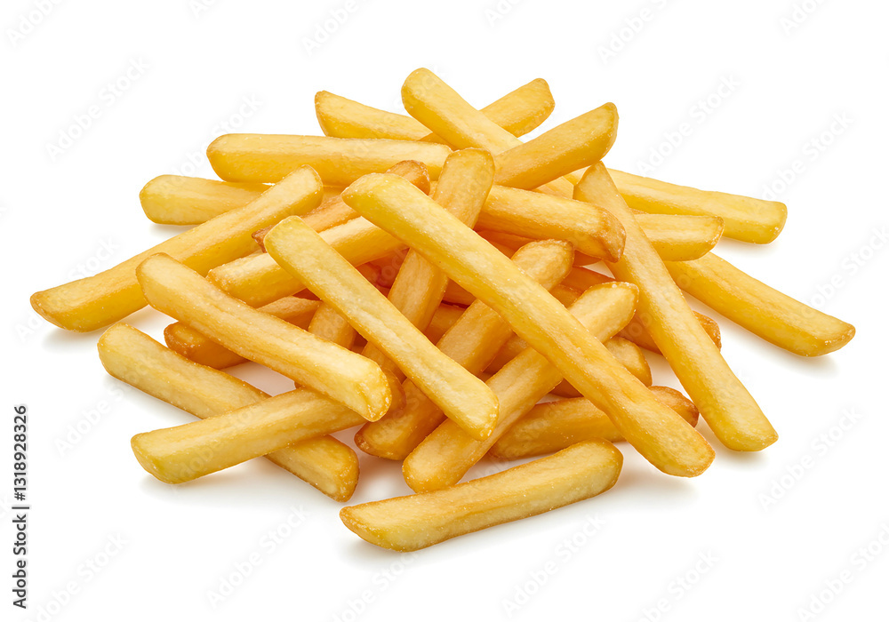 French Fries Isolated, Fried Potato Chips Pile, Fast Food, Golden Fry Sticks on White Background French Fries Isolated, Fried Potato Chips Pile, Fast Food, Golden Fry Sticks on White Background