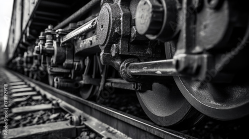 Close-up of train wheels on tracks in black and white