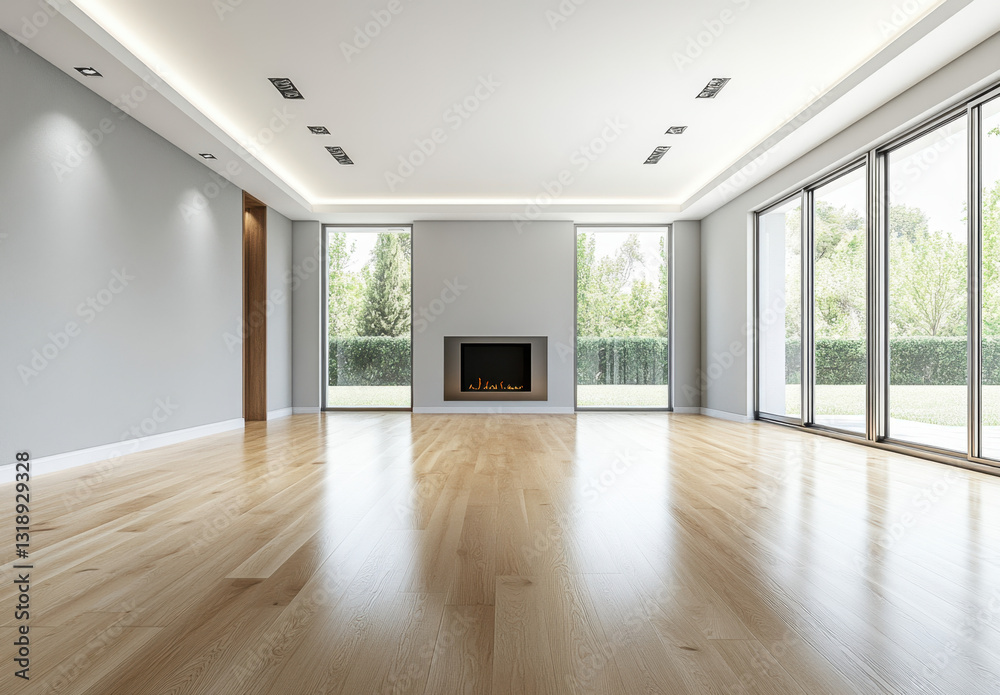 Fototapeta premium A large, empty modern room features smooth wooden flooring, tall windows, and a stylish fireplace, inviting creativity and comfort