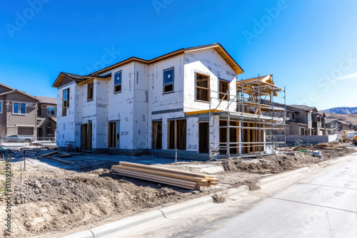 A residential building is in the construction phase, showcasing scaffolding and lumber on a clear, sunny day in a new neighborhood