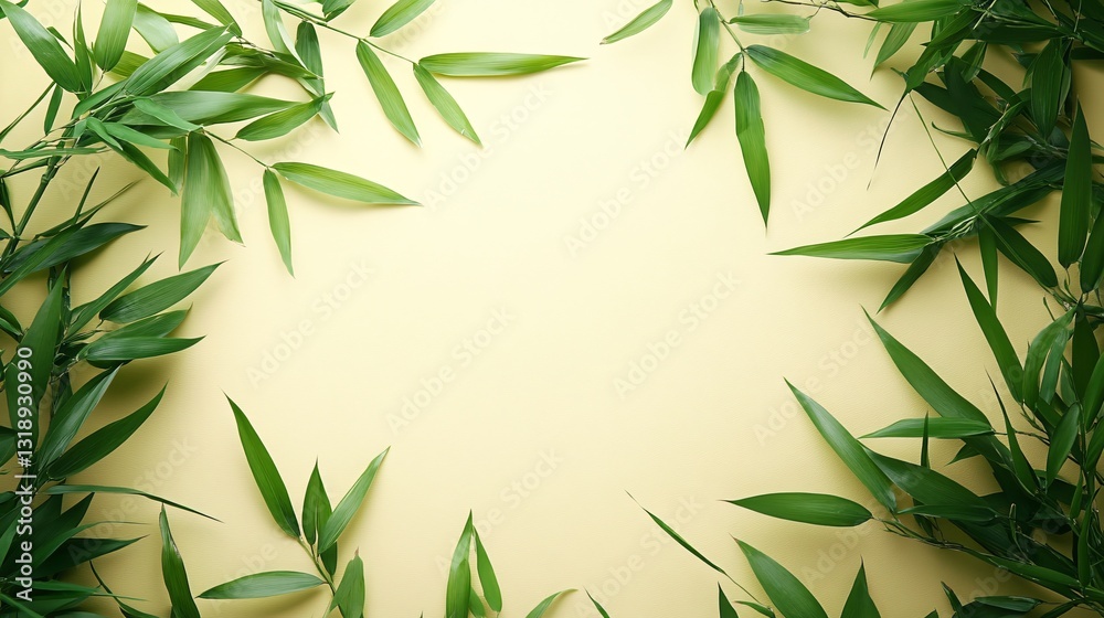 Fototapeta premium Green bamboo leaves frame a cream colored blank background