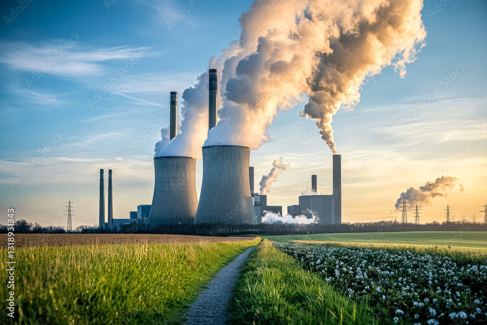 Large industrial plant with two tall smokestacks emitting smoke. The sky is blue and the sun is setting Large industrial plant with two tall smokestacks emitting smoke. The sky is blue and the sun is setting