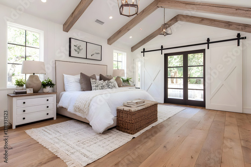Bright, airy master bedroom with farmhouse style.  Large windows, exposed beams, and a sliding barn door