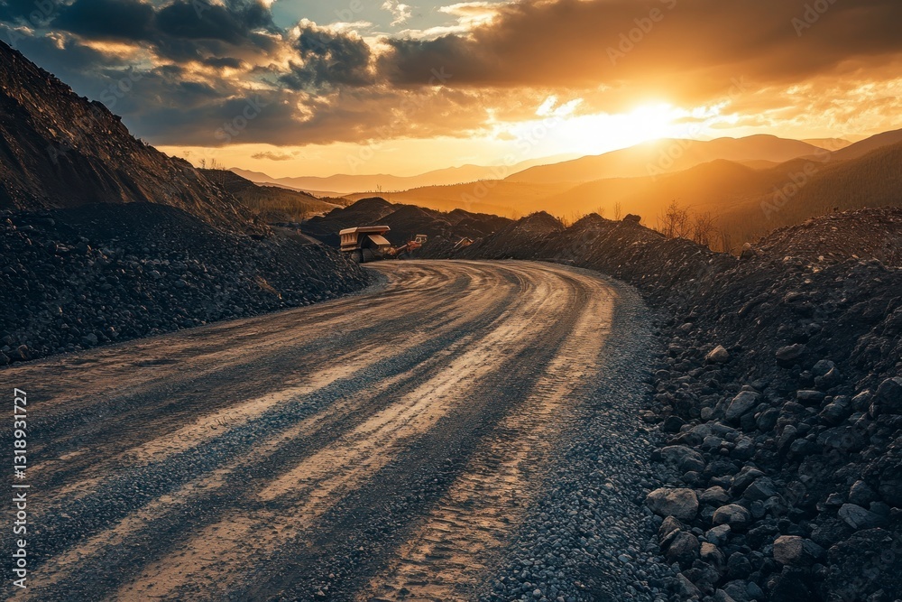 Naklejka premium Driving Heavy Haul Truck on Dirt Road at Sunset Through Mining Site