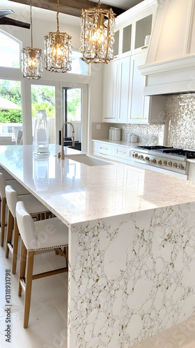 Bright kitchen island, pendant lights, stools, cabinets, marble countertops
