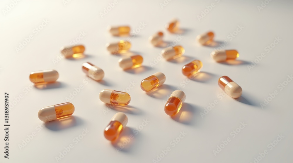 Various Capsules of Dietary Supplements Scattered on a White Surface in Soft Lighting Various Capsules of Dietary Supplements Scattered on a White Surface in Soft Lighting