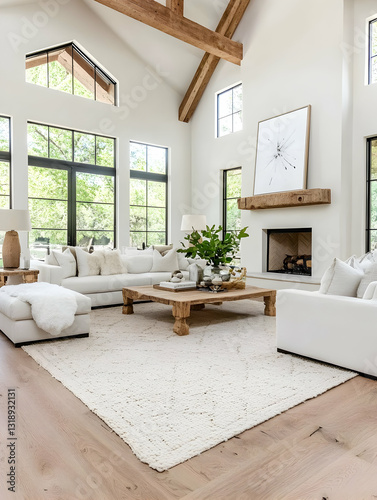 Bright, spacious farmhouse living room with warm wood accents