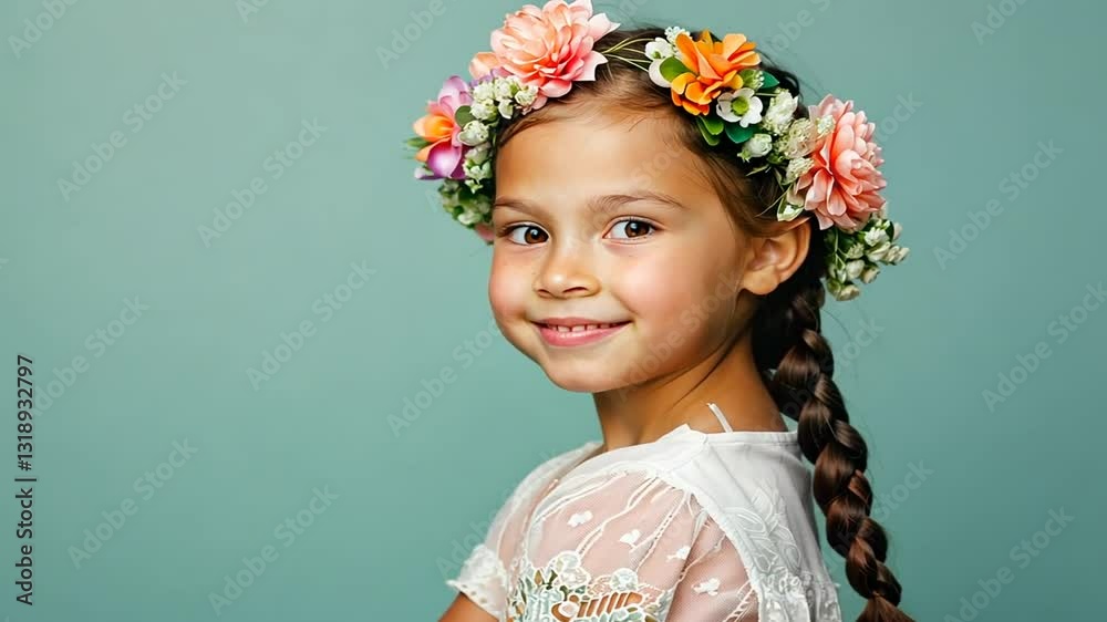 Mädchen mit Blumen im Haar schaut schüchtern