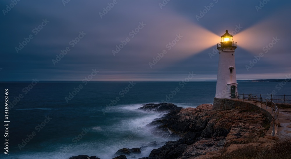 Lighthouse on rocky shore emits guiding light at dusk Lighthouse on rocky shore emits guiding light at dusk