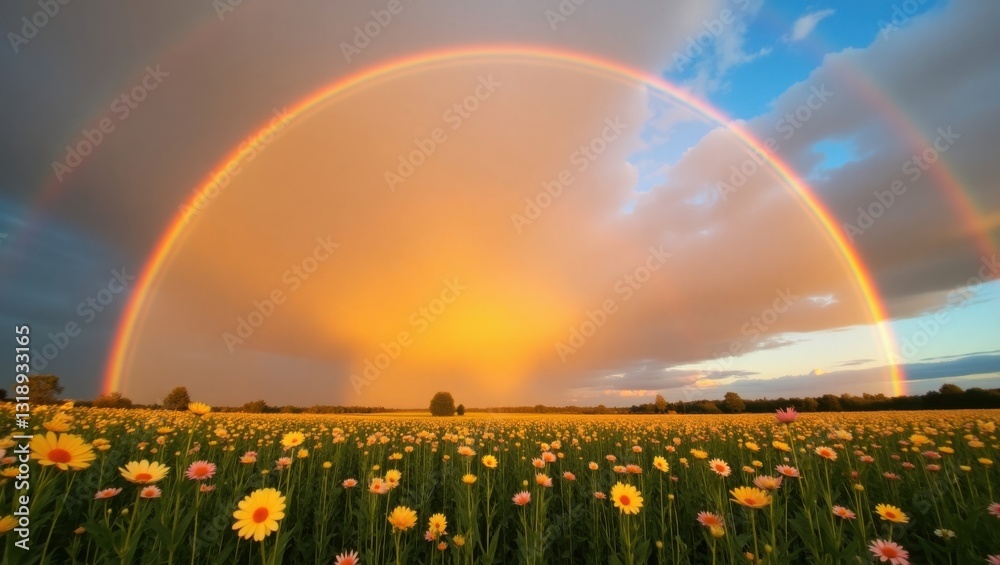 Naklejka premium Double Rainbow Over Flower Field