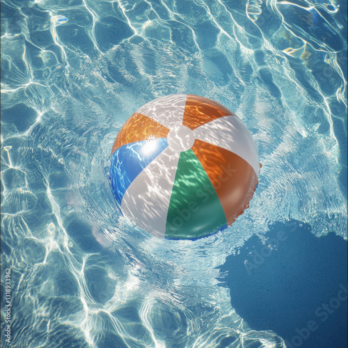 Create a bright and cheerful image of an inflatable beach ball floating on the surface of the water. High quality photo