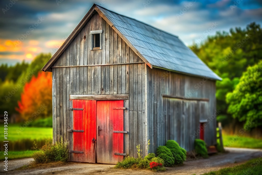 Charming Rustic Barn: Red Door & Weathered Siding - Tilt-Shift Photography Charming Rustic Barn: Red Door & Weathered Siding - Tilt-Shift Photography