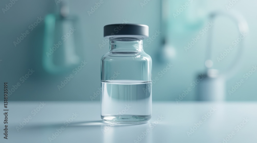 Clear Glass Vial Filled With Liquid Sits on a Table in a Minimalist Laboratory Setting Clear Glass Vial Filled With Liquid Sits on a Table in a Minimalist Laboratory Setting