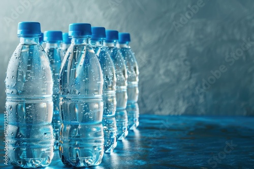 Vibrant Color Image of a Series of Bottles of Water and a Bottle with a Blue Cap