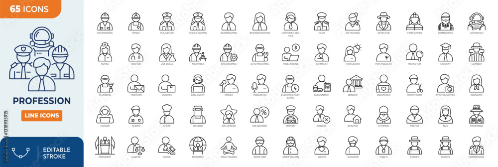 Professions line editable icon set. Containing Career people, People avatars, characters staff, professions, people profession, and more. Vector illustration