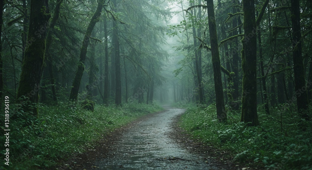 Fototapeta premium Misty forest path surrounded by lush greenery on a rainy morning 