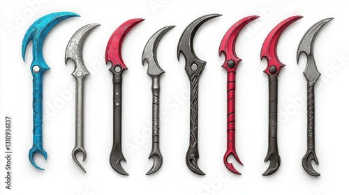 Set of decorative curved blades with varied colors on a white isolated background.