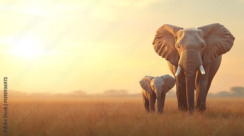 Fototapeta premium Majestic elephants walking together in the serengeti wildlife photography golden hour natural habitat