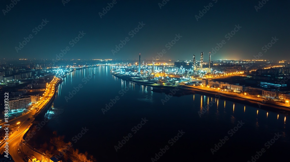 Naklejka premium Petrochemical industry illuminated at night